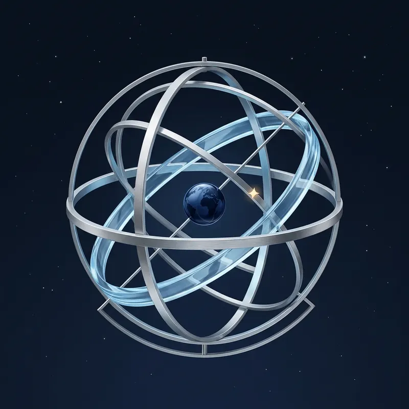 Illustrated armillary sphere: silver and pale blue rings around a small Earth, with one gold point of light, on a dark starry background.
